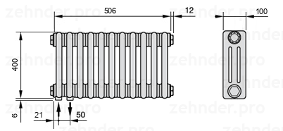 Схема (чертеж) Радиатор Zehnder Charleston 3040/11 №3370 Белый глянцевый RAL 9016